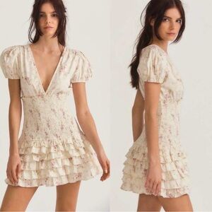LoveShackFancy Radia Smocked Cotton Delicate Floral Print Mini Dress Size S